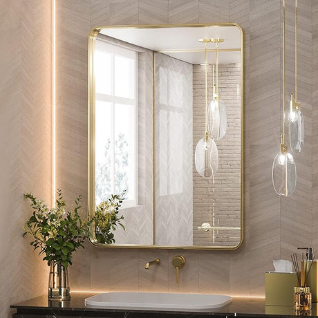 Silver Bathroom Mirror, 22x30 Inch Wall Mounted Framed Brushed Rectangle Metal Frame