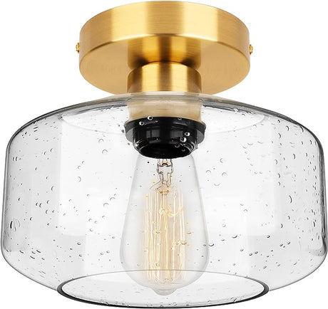 Industrial Semi-Flush Mount Ceiling Light, Seeded Glass Pendant Lamp Shade