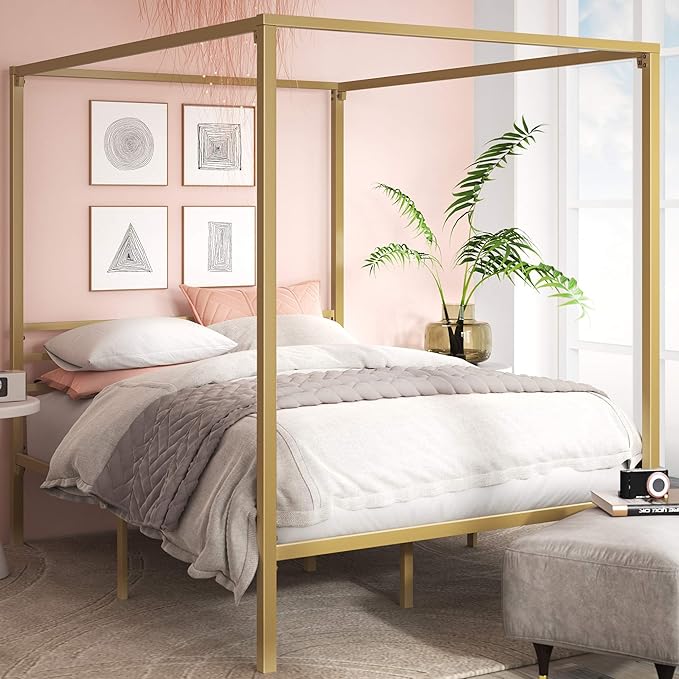 Metal Canopy Platform Bed Frame Four-Poster Canopied Bed Mattress