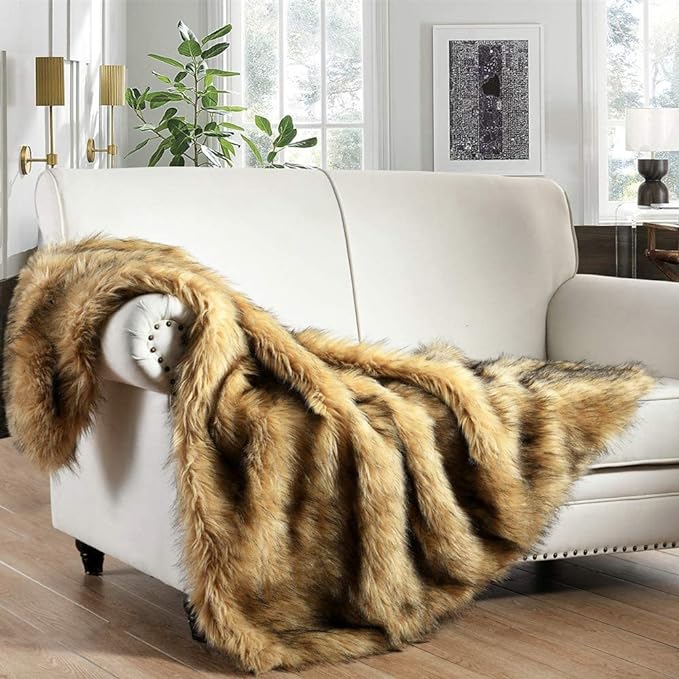 Luxury Plush Faux Fur Throw Blanket with Aztec Pattern, Super Warm, Fuzzy