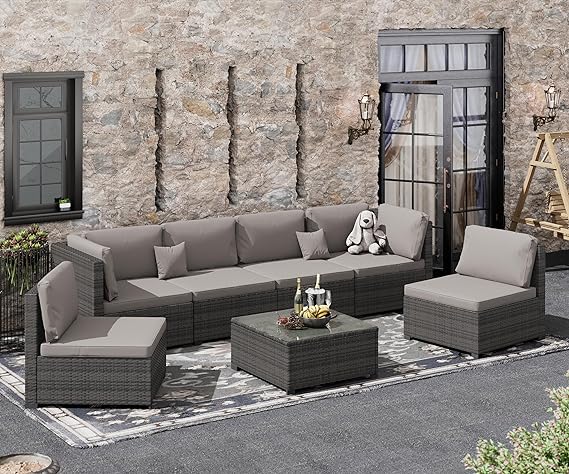 , Outdoor Furniture Patio Sectional Sofa, All Weather PE Rattan