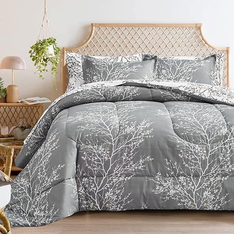 Gray Botanical Bed in a Bag Queen Size 7 Pieces