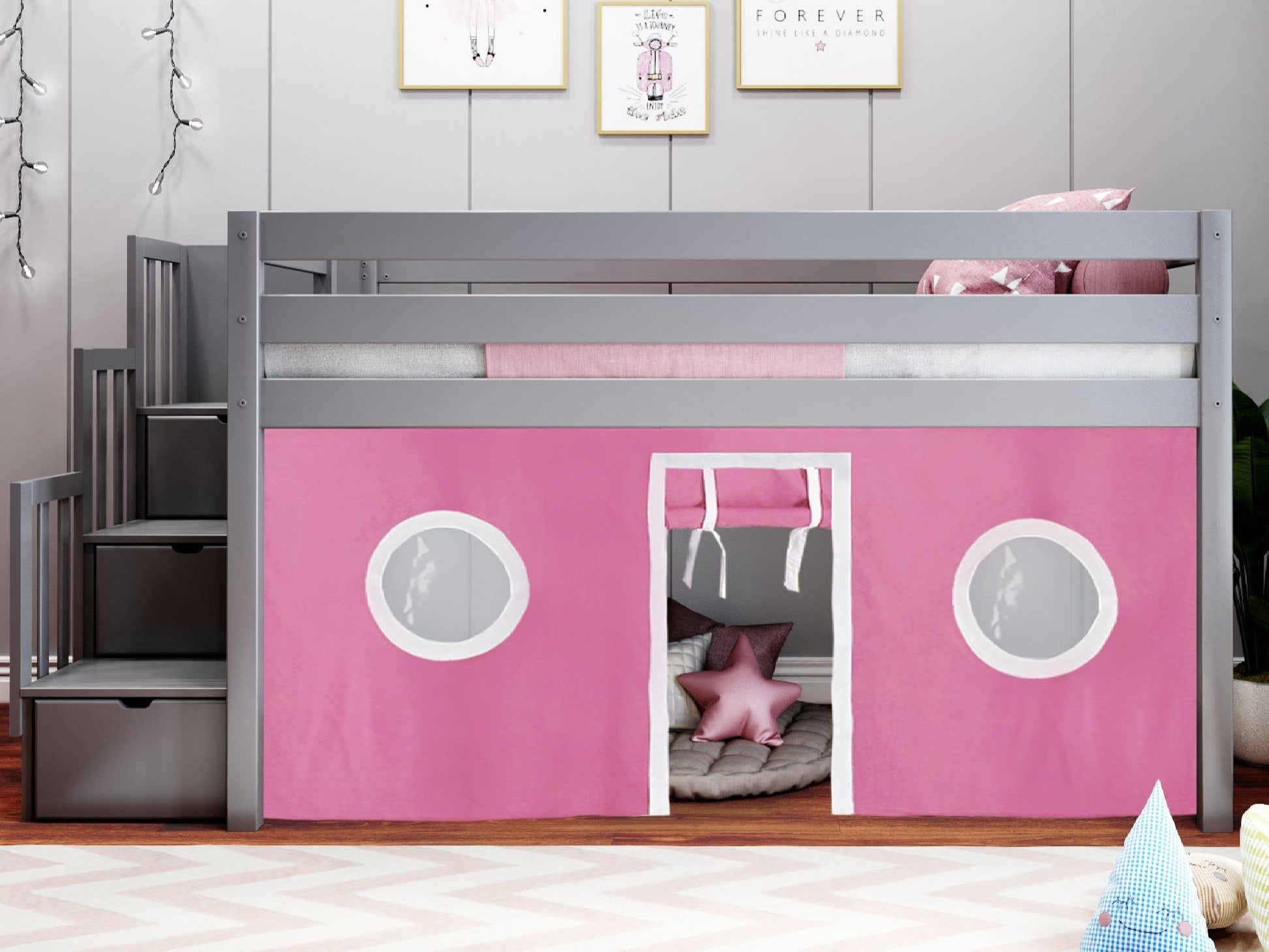 Gray wooden loft bunk bed with built-in storage stairs.