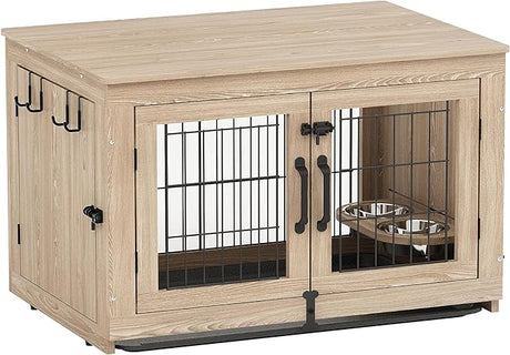 Wooden Dog Crate Furniture with 360°Rotatable Removable Dog Bowls, Dog Crate