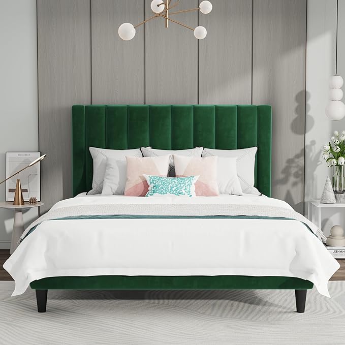 Full Bed Frame/Velvet Upholstered Platform Bed Frame with Headboard/Strong Wood Slats Support