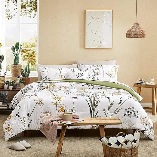 8 PCS White Floral Comforter Set with Flowers Leaves Pattern