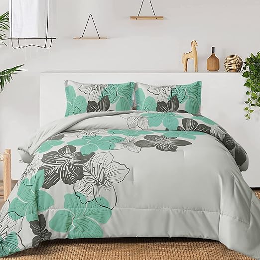 Floral Bed Comforter Set King - Blue Floral Pattern Printed on Grey