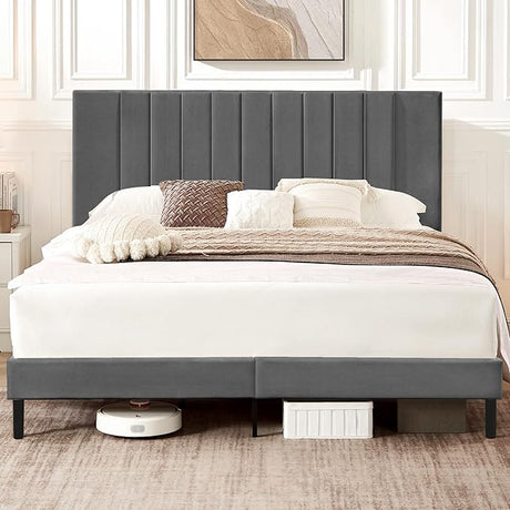 King Size Platform Bed Frame with Velvet Upholstered Headboard and Wooden