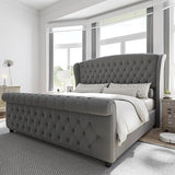 Queen Size Platform Bed Frame, Chenille Upholstered Sleigh Bed with Scroll