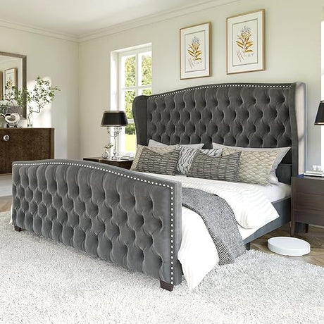 Luxury Velvet Upholstered Platform Bed, Tufted Wingback Headboard