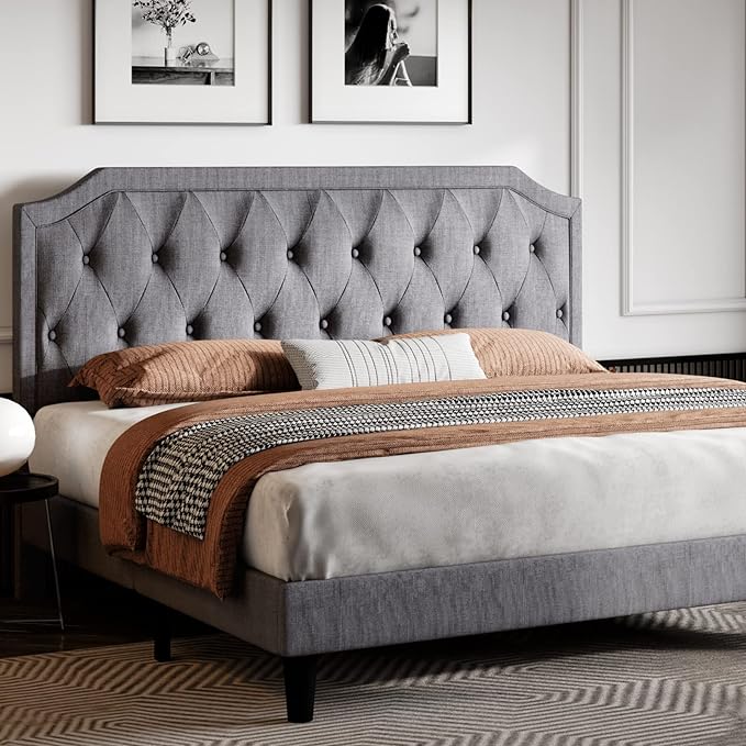 Upholstered King Size Bed Frame, Platform Bed with Curved Rhombic Button Tufted Headboard