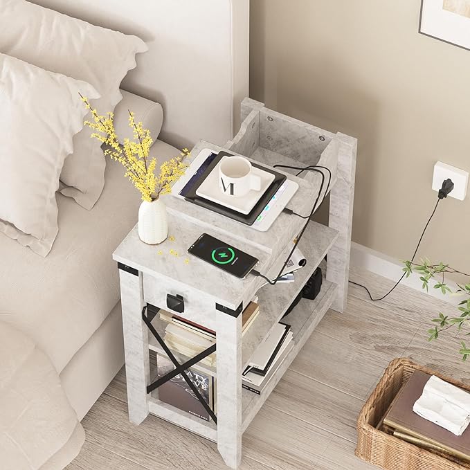 Narrow End Table with Charging Station Farmhouse End Table