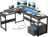 L Shaped Desk with Power Outlets & LED Lights