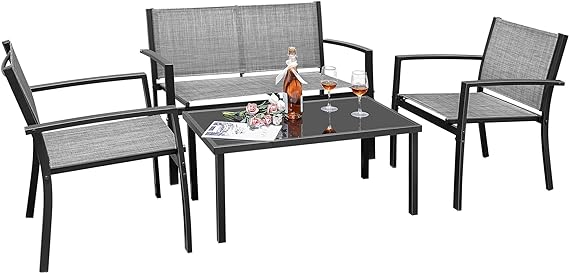 4 Pieces Outdoor Patio Furniture Textilene Modern Conversation Black Bistro Set