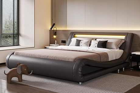 Upholstered Modern Bed Frame with LED Headboard/Mattress Foundation