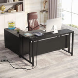 L-Shaped Computer Desk with Power Outlet and Drawer Cabinet