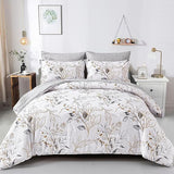 7 Pieces Floral Reversible Bed in a Bag Gold and Blue Leaves Bedding Set