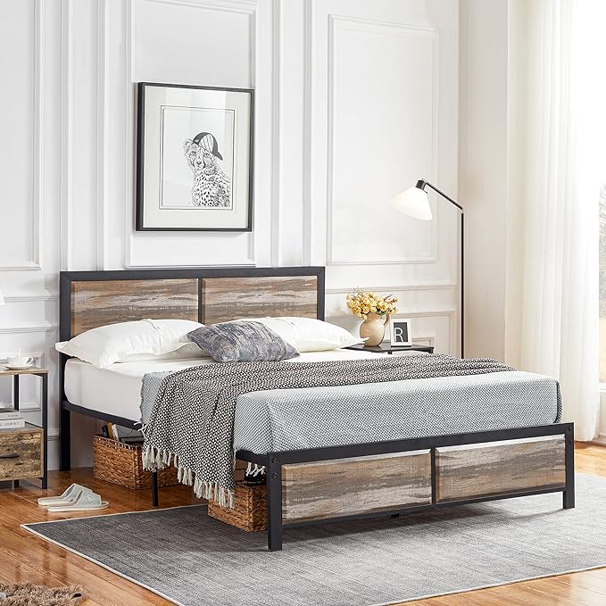 Full Platform Bed Frame with Rustic Vintage Wood Headboard