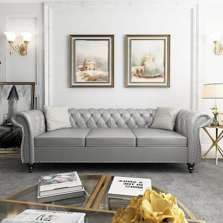 Modern Tufted Couch 3 Seater with Rolled Arms and Nailhead