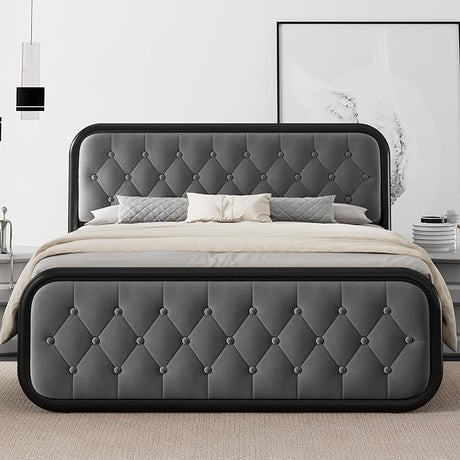 Full Size Bed Frame, Heavy Duty Bed Frame with Faux Leather Headboard