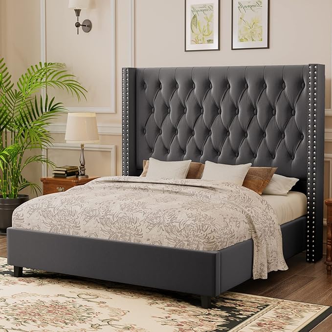 King Bed Frame Velvet Upholstered Bed with Deep Button Tufted/No Box Spring Needed