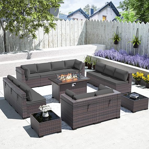 Outdoor Patio Furniture Set with Gas Fire Pit Table, 13 Pieces Patio Sectional Sofa