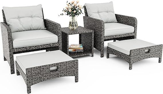 5 Pieces Outdoor Patio Wicker Chairs Set with Ottoman