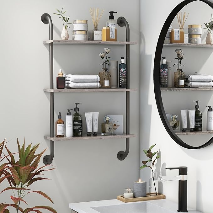 3 Tier Bathroom Floating Shelves 24 Inch, Over The Toilet Storage Shelf, Industrial Pipe