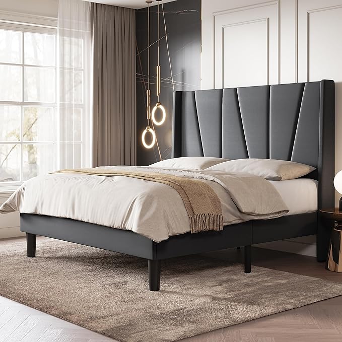 Queen Size Bed Frame with Geometric Wingback Headboard