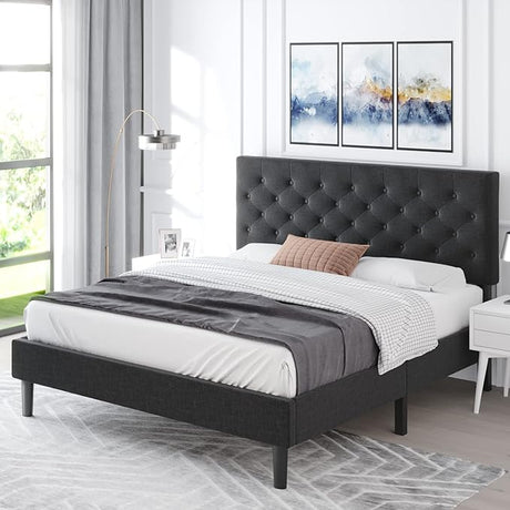 Queen Size Bed Frame with Upholstered Headboard