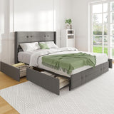 Queen Size Bed Frame Platform with 4 Storage Drawers and Fabric Upholstered