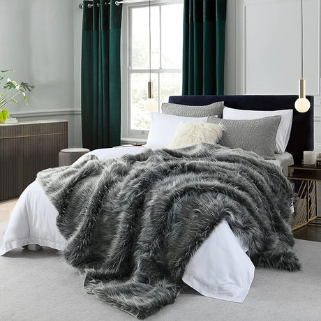 Luxury Plush Faux Fur Blanket King Size, Long Pile Golden Yellow with Black Tips Blanket