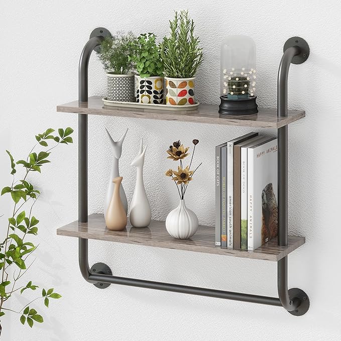 2 Tier 24 Inch Bathroom Wall Shelf with Towel Bar, Rustic Industrial Pipe Shelves for Wall