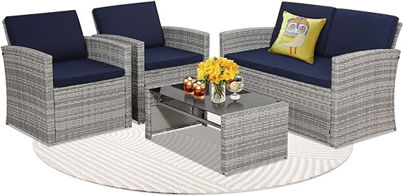 4 Pieces Patio Conversation Set, Outside Rattan Sectional Sofa