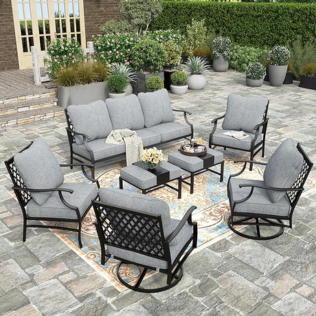 7 Piece Patio Furniture Set, 2 x Rocking Chair, 2 x Fixed Chair, 2 x Ottoman, 1 x 3-Seat Sofa