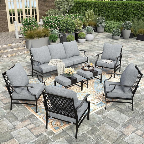 7 Piece Patio Furniture Set, 2 x Rocking Chair, 2 x Fixed Chair, 2 x Ottoman, 1 x 3-Seat Sofa