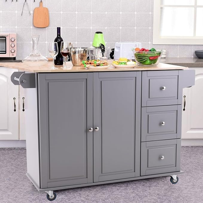 Kitchen Island Cart on Wheels - Butcher Block Island Table for Food Prep