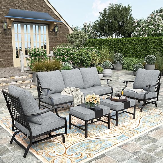 5 Piece Patio Furniture Set, 2 x Swivel Chair, 2 x Ottoman, 1 x 3-Seat Sofa