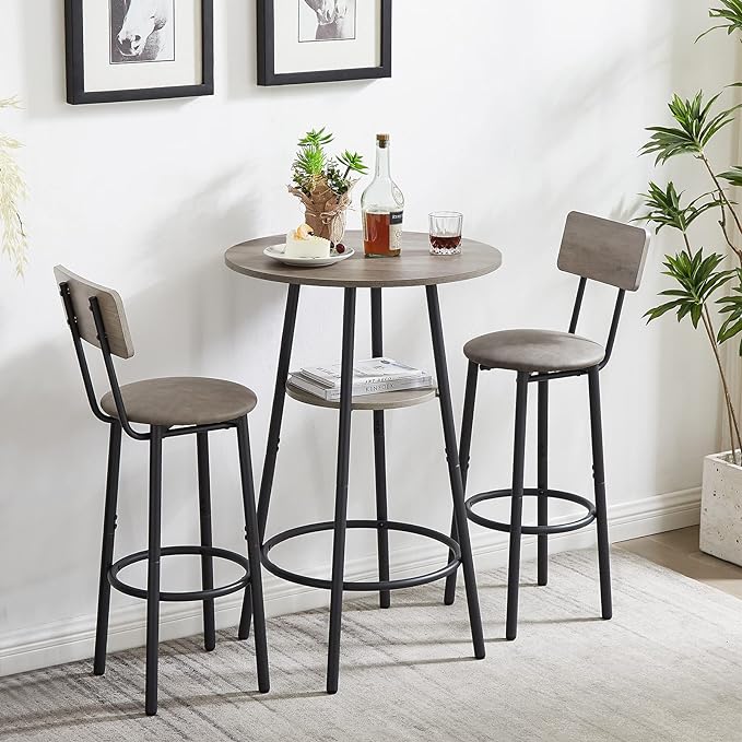 Small 2-Tier Round Bistro Pub Dining Table & PU Upholstered Stools with Backrest