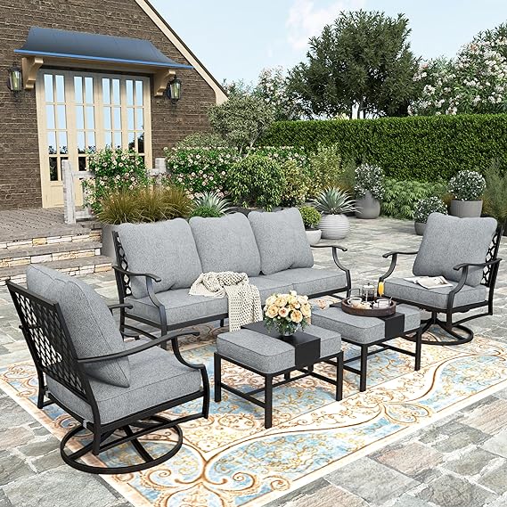 5 Piece Patio Furniture Set, 2 x Swivel Chair, 2 x Ottoman, 1 x 3-Seat Sofa