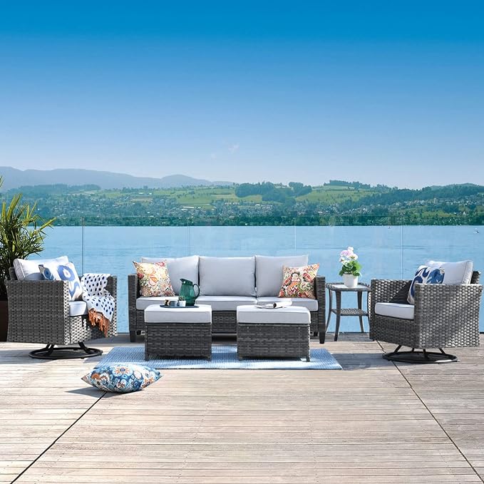 6 Piece Outdoor Sofa Couch with Rocking Swivel Chairs