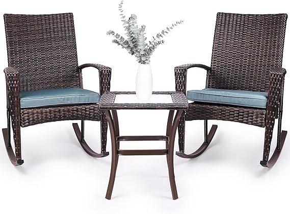 3 Piece Wicker Rocking Chair Patio Furniture Sets, Outdoor Wicker Bistro Rattan Chair