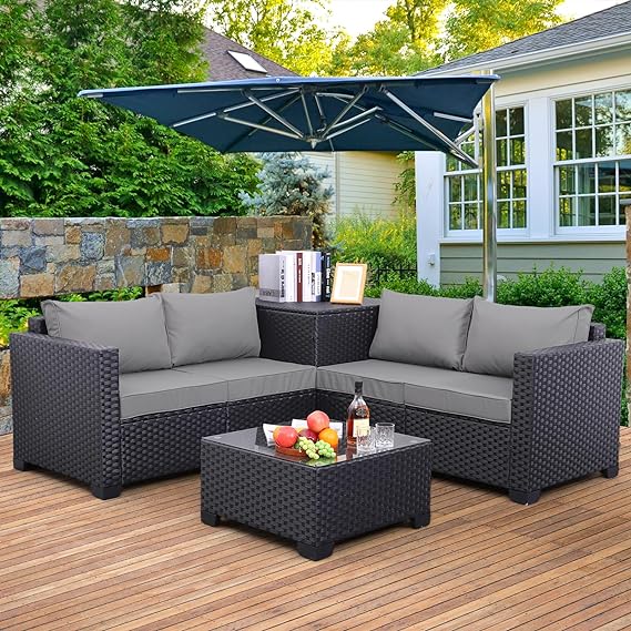 Outdoor PE Wicker Patio Furniture Set 4 Piece Black Rattan Sectional Sofa Conversation