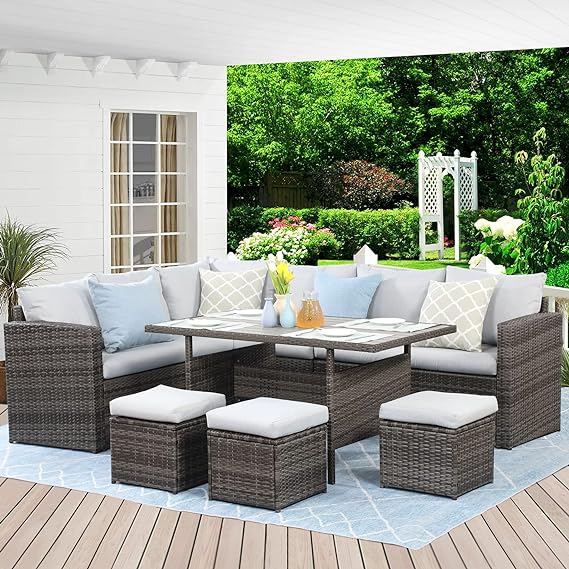 Patio Furniture Set, 7 Piece Outdoor Dining Sectional Sofa with Dining Table and Chair