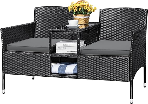 Outdoor Patio Loveseat Modern Rattan 2-Seat Patio Conversation Set