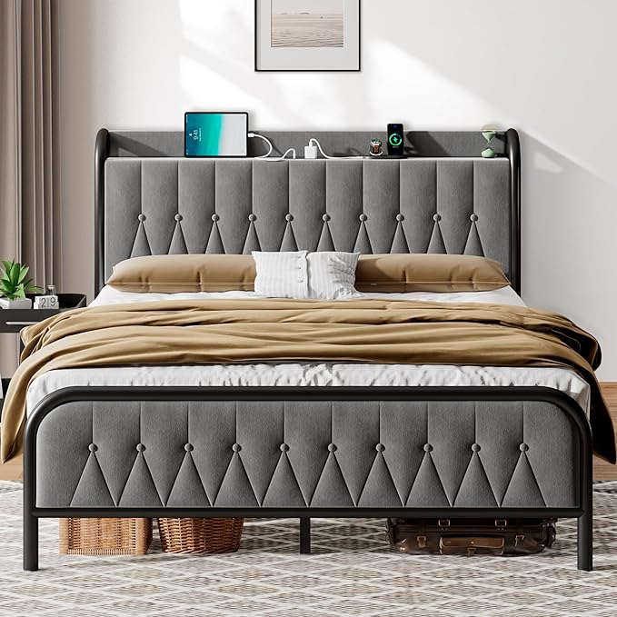 Grey upholstered bed frame with tufted headboard, storage space, and modern design.