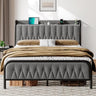 Grey upholstered bed frame with tufted headboard, storage space, and modern design.