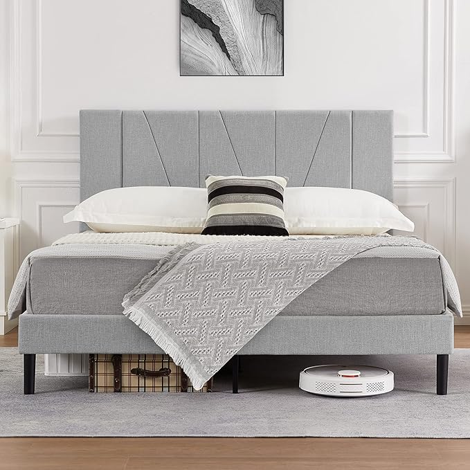 King Size Bed Frame Upholstered Platform with Complete Headboard and Strong Wooden