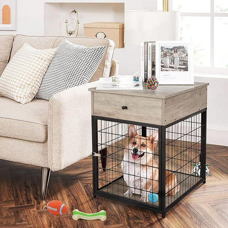 Furniture Dog Crates, 28.9" Wood Dog Kennel with Flip-up Drawer Chew-Proof Home Wood