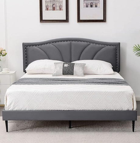 King Size Bed Frame Velvet Upholstered Platform Bed with Decorative Line & Nailhead